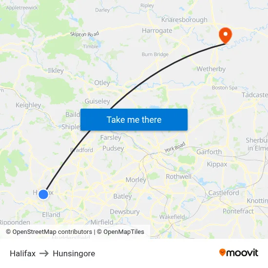 Halifax to Hunsingore map