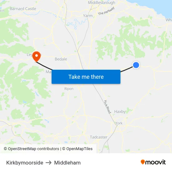 Kirkbymoorside to Middleham map