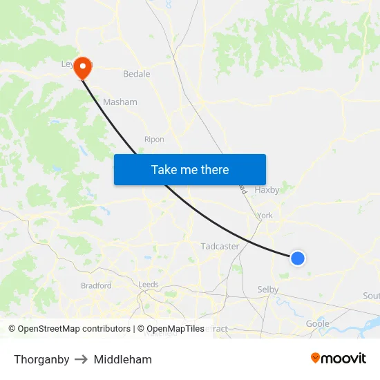 Thorganby to Middleham map