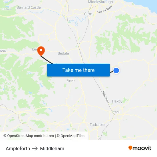 Ampleforth to Middleham map