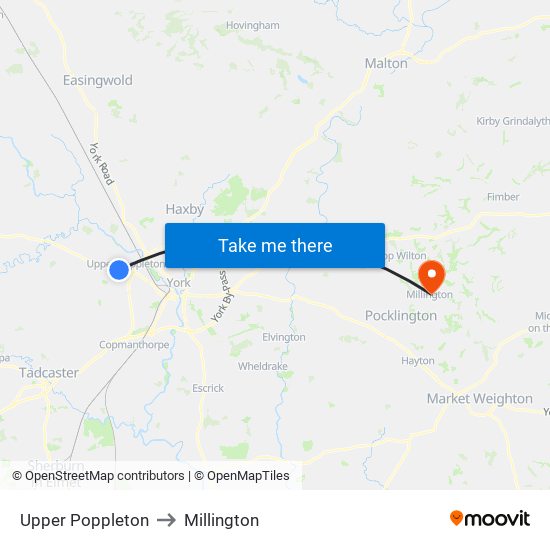 Upper Poppleton to Millington map