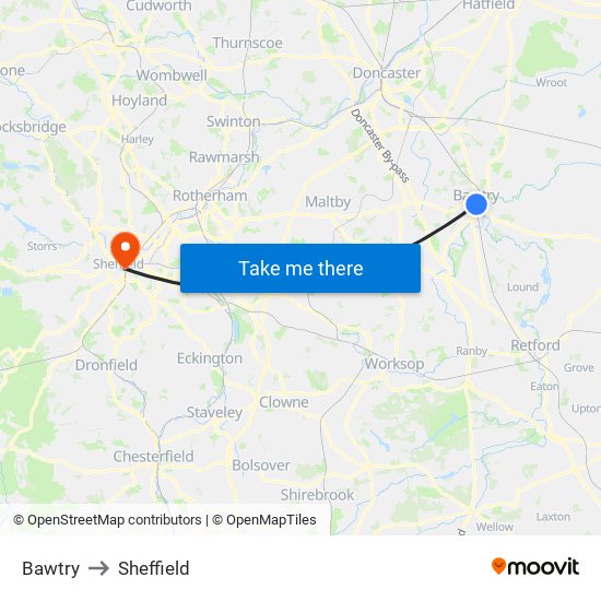Bawtry to Sheffield map