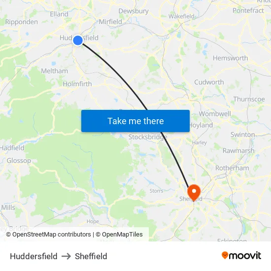 Huddersfield to Sheffield map