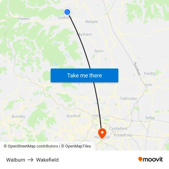 Walburn to Wakefield map