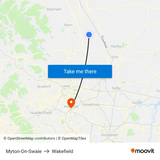 Myton-On-Swale to Wakefield map