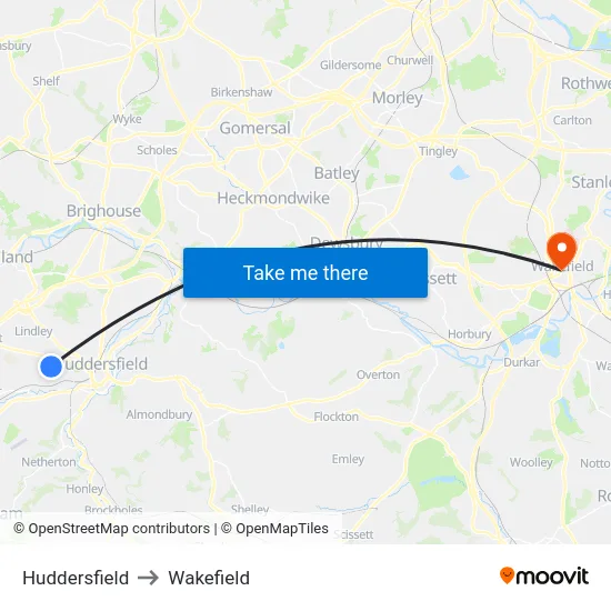 Huddersfield to Wakefield map