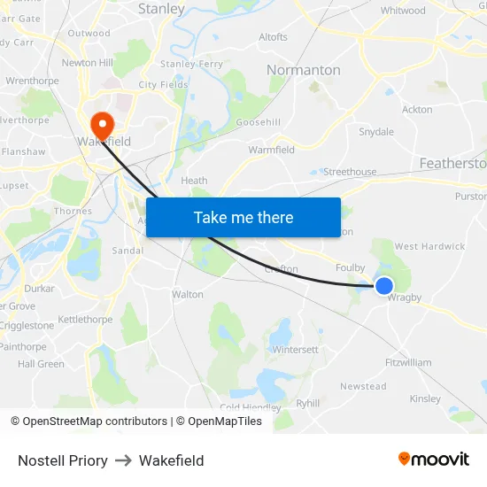 Nostell Priory to Wakefield map