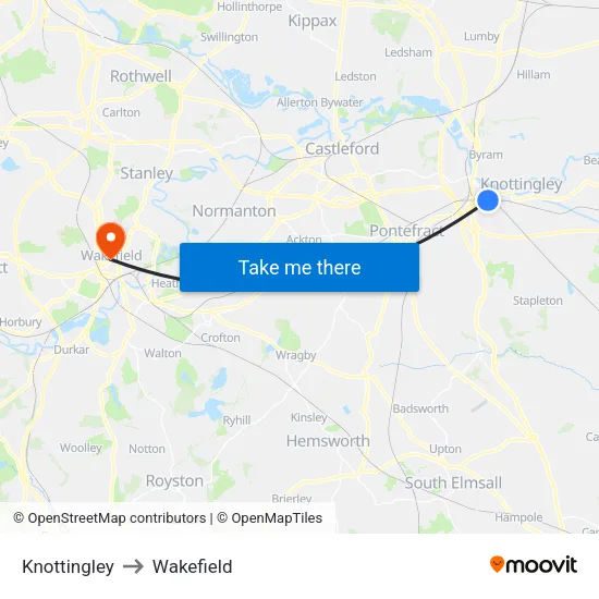 Knottingley to Wakefield map