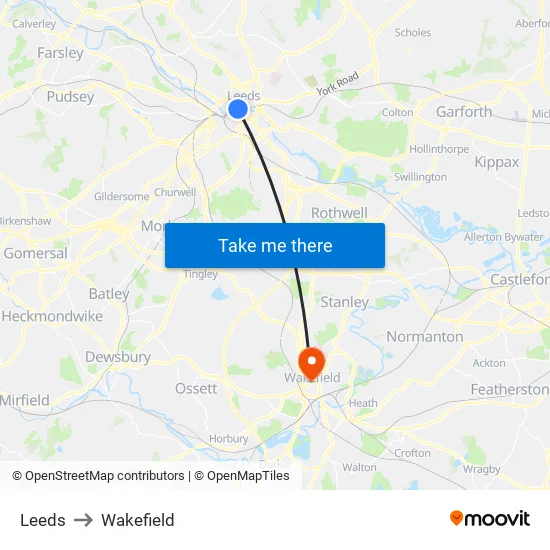 Leeds to Wakefield map