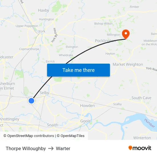 Thorpe Willoughby to Warter map