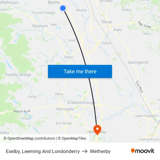 Exelby, Leeming And Londonderry to Wetherby map