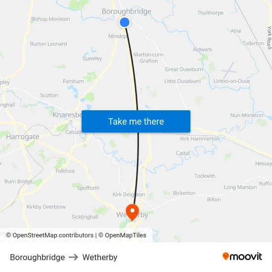 Boroughbridge to Wetherby map