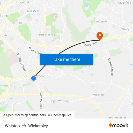 Whiston to Wickersley map