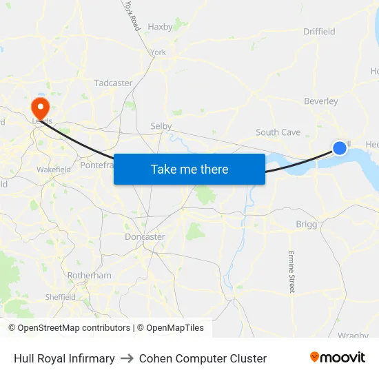 Hull Royal Infirmary to Cohen Computer Cluster map