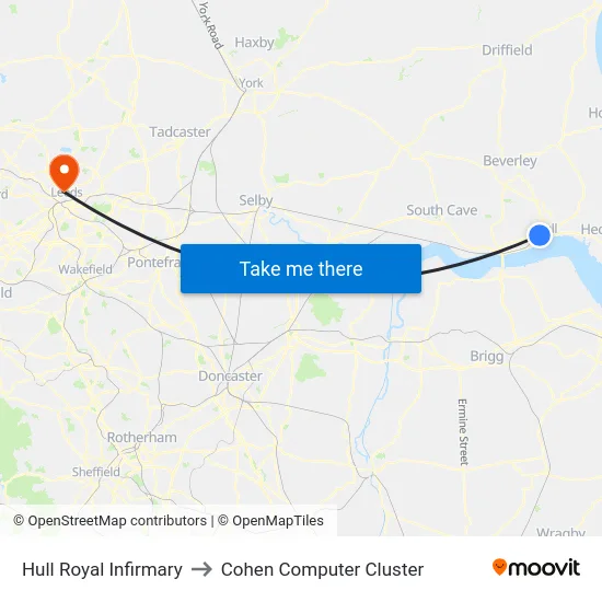 Hull Royal Infirmary to Cohen Computer Cluster map