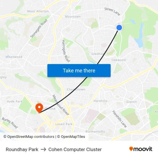 Roundhay Park to Cohen Computer Cluster map
