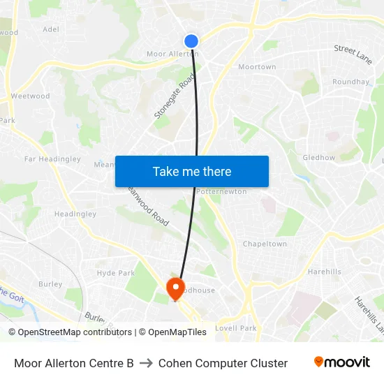 Moor Allerton Centre B to Cohen Computer Cluster map