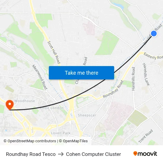 Roundhay Road Tesco to Cohen Computer Cluster map