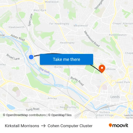 Kirkstall Morrisons to Cohen Computer Cluster map