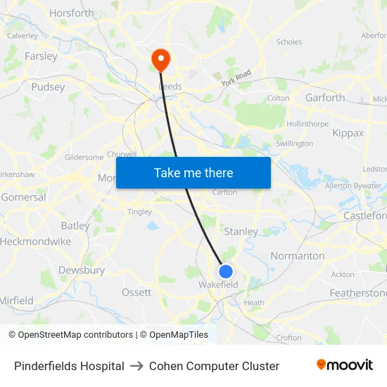 Pinderfields Hospital to Cohen Computer Cluster map
