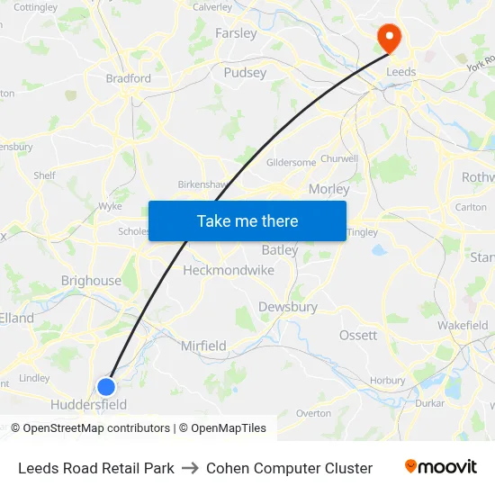 Leeds Road Retail Park to Cohen Computer Cluster map