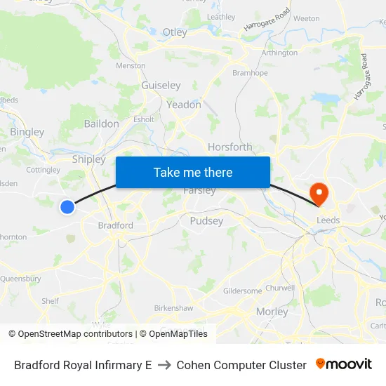 Bradford Royal Infirmary E to Cohen Computer Cluster map