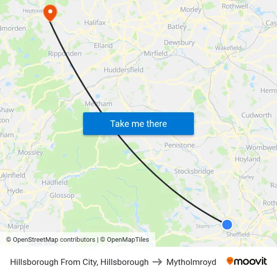 Hillsborough From City, Hillsborough to Mytholmroyd map
