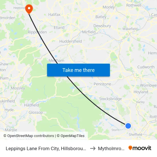 Leppings Lane From City, Hillsborough to Mytholmroyd map