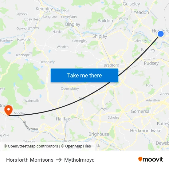 Horsforth Morrisons to Mytholmroyd map