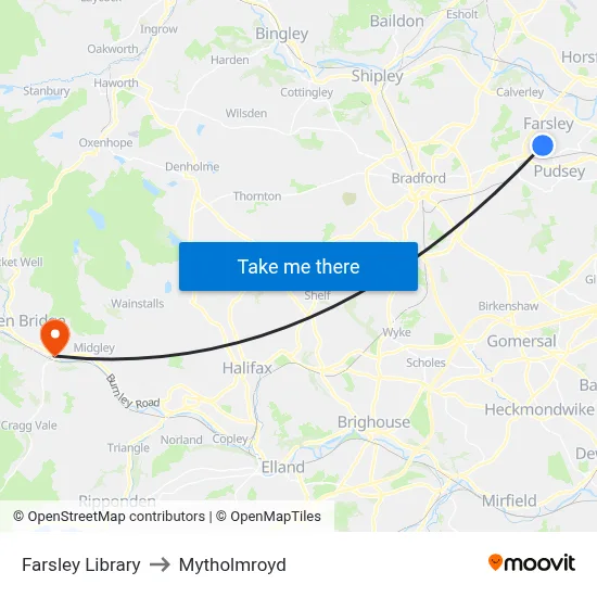 Farsley Library to Mytholmroyd map