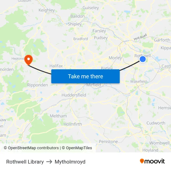 Rothwell Library to Mytholmroyd map