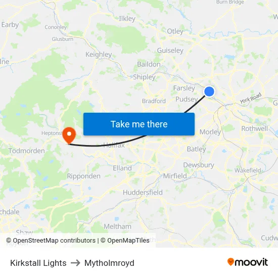 Kirkstall Lights to Mytholmroyd map