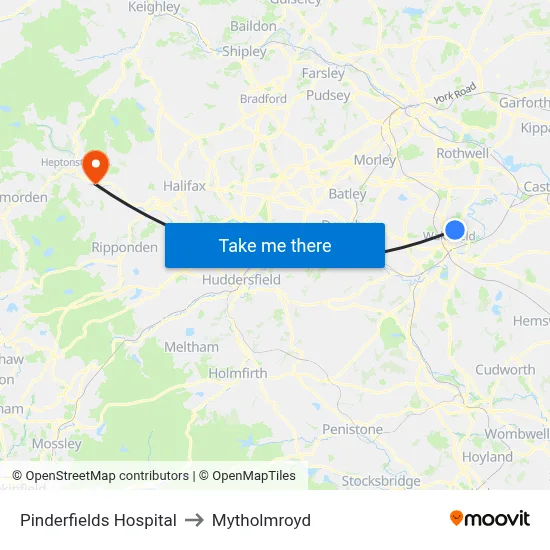 Pinderfields Hospital to Mytholmroyd map