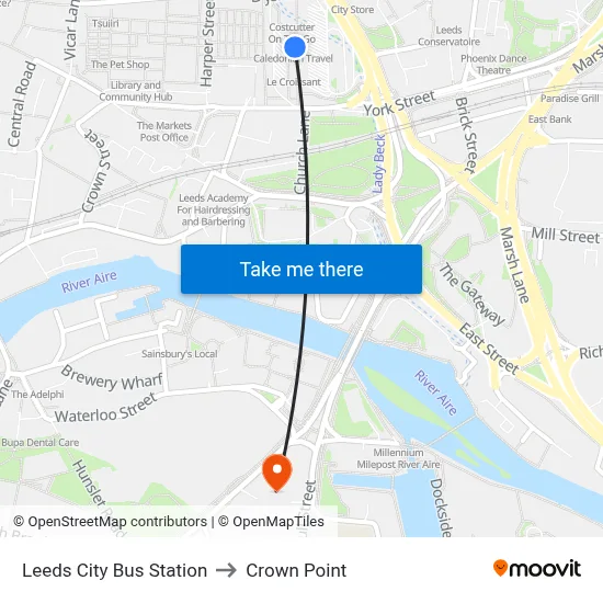 Leeds City Bus Station to Crown Point map