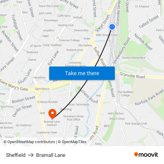 Sheffield to Bramall Lane map