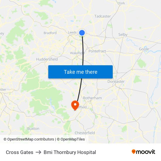 Cross Gates to Bmi Thornbury Hospital map