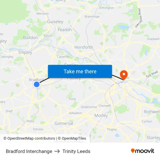 Bradford Interchange to Trinity Leeds map