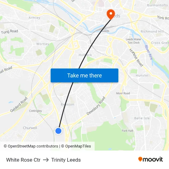 White Rose Ctr to Trinity Leeds map