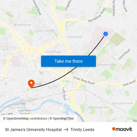 St James's University Hospital to Trinity Leeds map