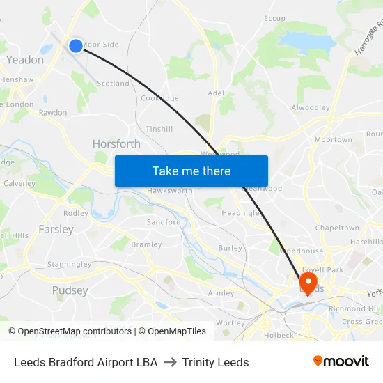 Leeds Bradford Airport LBA to Trinity Leeds map
