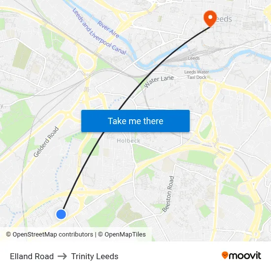 Elland Road to Trinity Leeds map