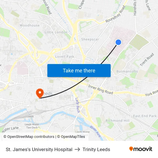 St. James's University Hospital to Trinity Leeds map