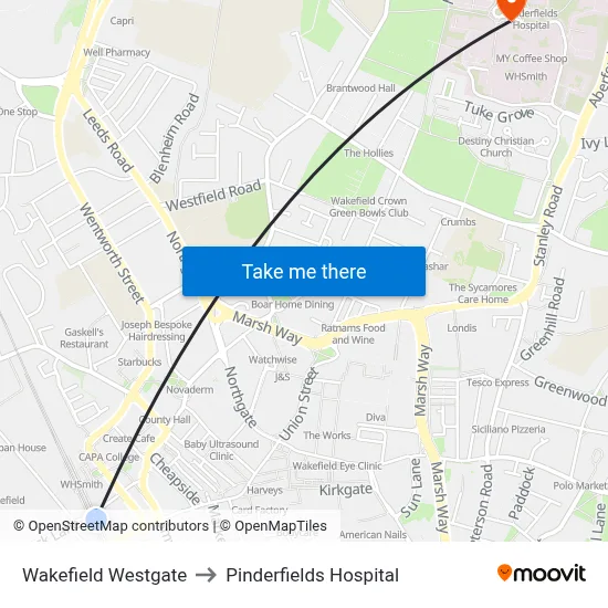 Wakefield Westgate to Pinderfields Hospital map