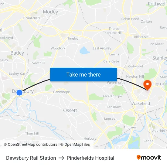 Dewsbury Rail Station to Pinderfields Hospital map