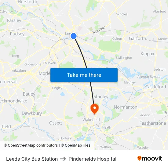 Leeds City Bus Station to Pinderfields Hospital map