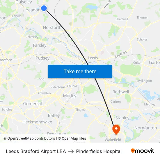 Leeds Bradford Airport LBA to Pinderfields Hospital map