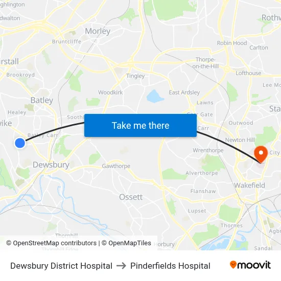 Dewsbury District Hospital to Pinderfields Hospital map