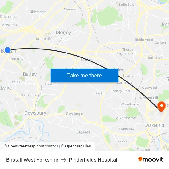 Birstall West Yorkshire to Pinderfields Hospital map