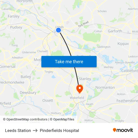 Leeds Station to Pinderfields Hospital map