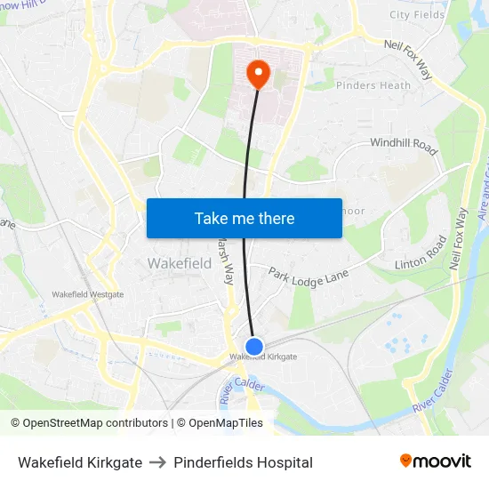 Wakefield Kirkgate to Pinderfields Hospital map